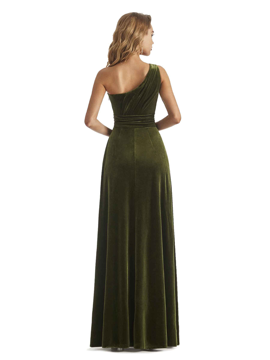 Elegant One Soulder Unique A-line Velvet Long Bridesmaid Dresses