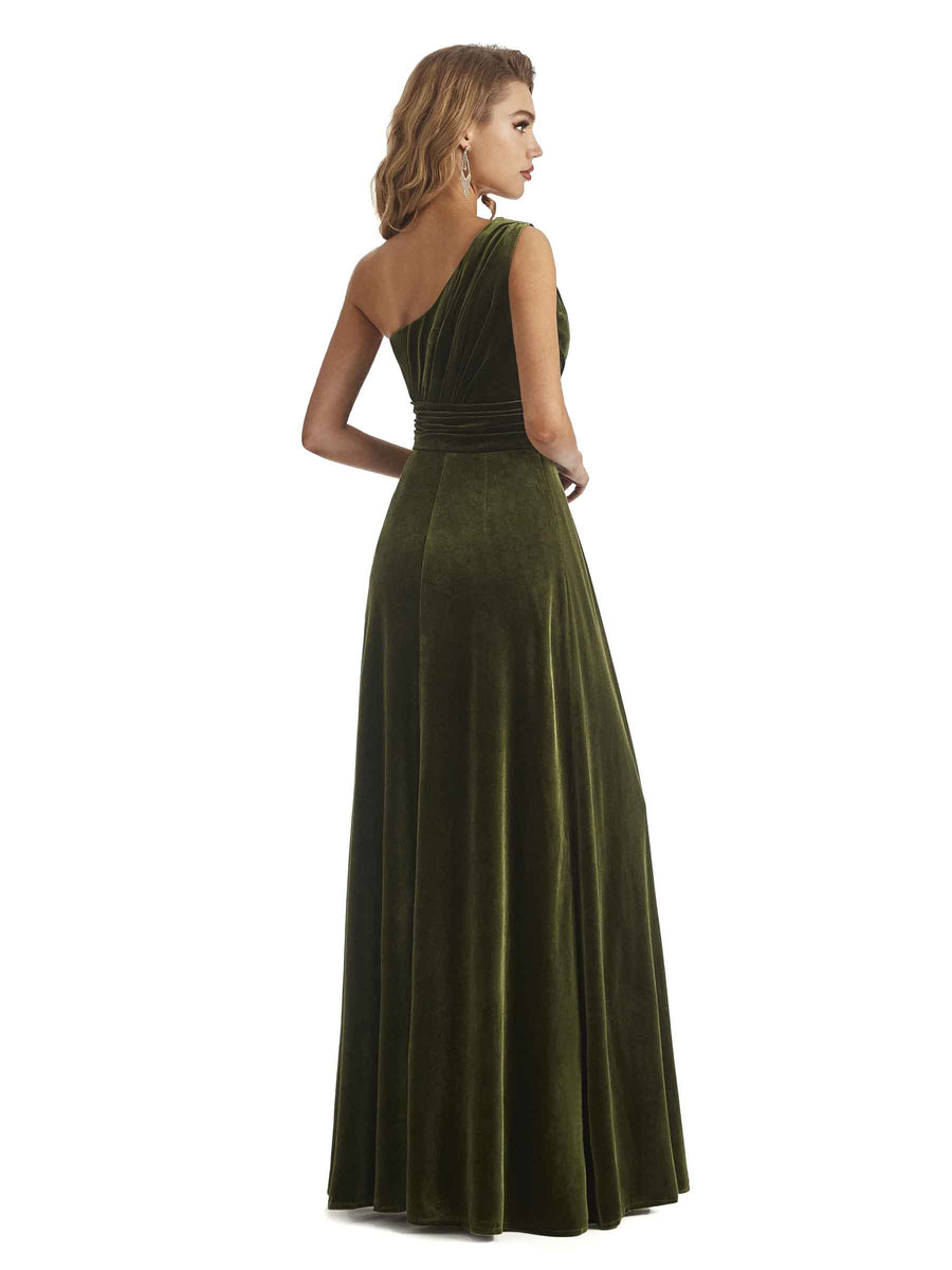 Elegant One Soulder Unique A-line Velvet Long Bridesmaid Dresses