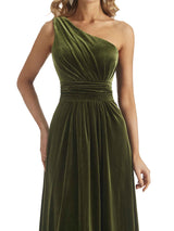 Elegant One Soulder Unique A-line Velvet Long Wedding Guest Dresses