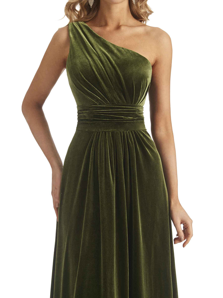 Elegant One Soulder Unique A-line Velvet Long Bridesmaid Dresses