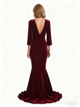Elegant V-Neck 3/4 Sleeves Mermaid Velvet Long Formal Evening Dresses