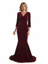 Elegant V-Neck 3/4 Sleeves Mermaid Velvet Long Formal Evening Dresses