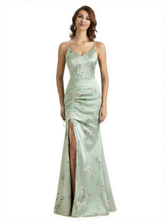 Simple Spaghetti Straps V-Neck Side Slit Mermaid Floral Satin Maxi Floral Formal Dresses For Women