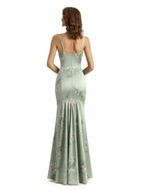 Simple Spaghetti Straps V-Neck Side Slit Mermaid Floral Satin Maxi Floral Formal Dresses For Women