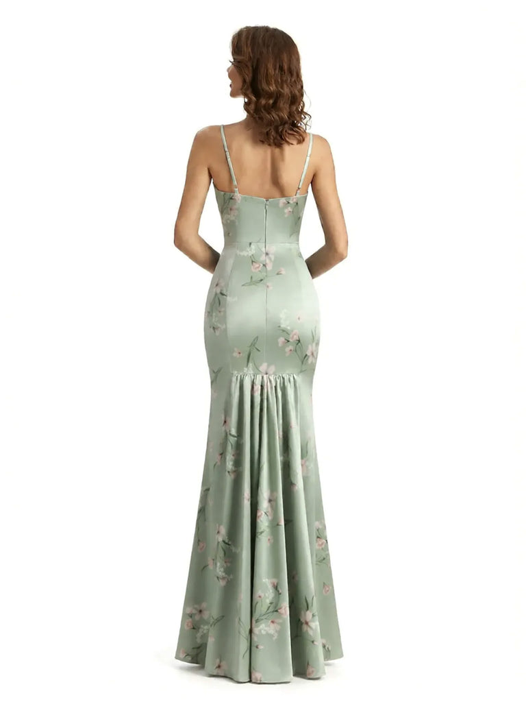 Simple Spaghetti Straps V-Neck Side Slit Mermaid Floral Satin Maxi Floral Formal Dresses For Women