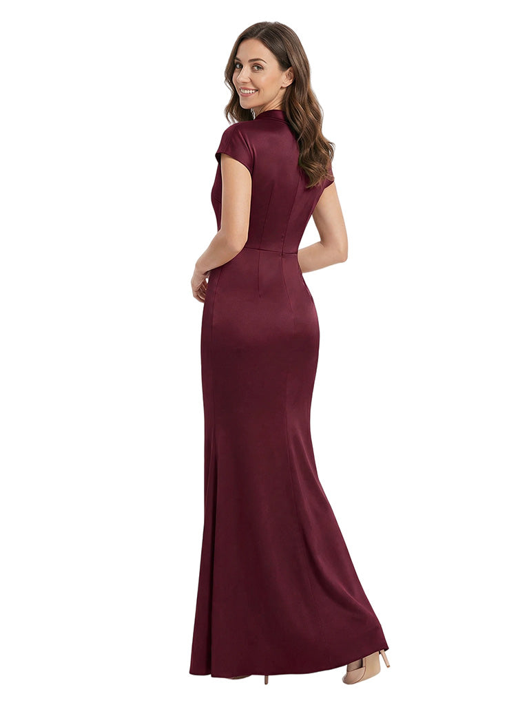 Elegant High Neck Cap Sleeves Satin Mother Of The Bride Mermaid Evening Gown