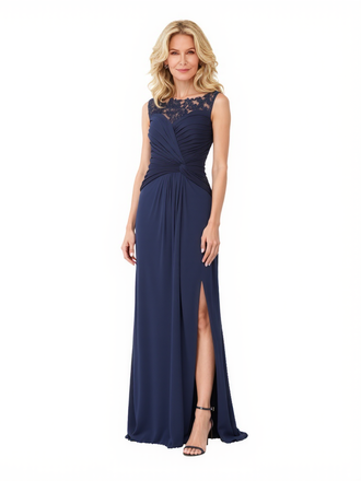 Elegant Jewel A-Line Chiffon Side Slit Lace Applique Long Mother Of The Bride Dresses