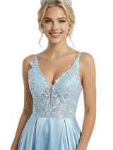 ChicSew Elegant Spaghetti Strap V-Neck Prom Dress Lace Applique High Slit A-Line Silhouette Floor Length Formal Evening Gown