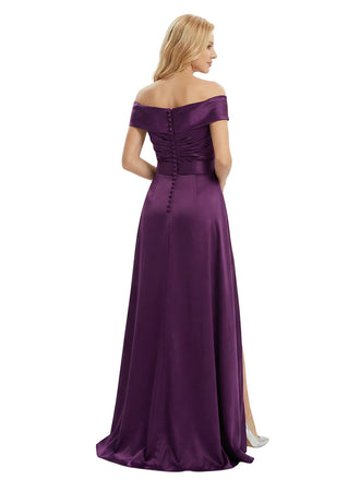 Chicsew Sexy Off Shoulder Side Slit Ruffles Mermaid Satin Mother of The Bride Dress With Train