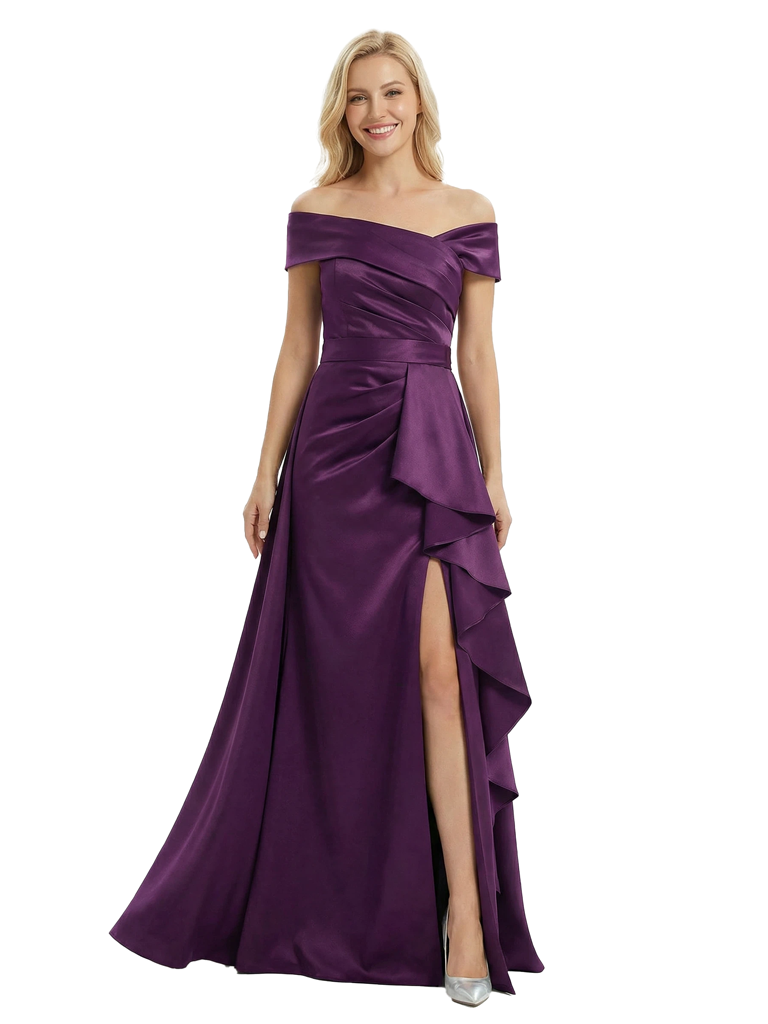 Chicsew Sexy Off Shoulder Side Slit Ruffles Mermaid Satin Mother of The Bride Dress With Train