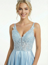 Elegant V-neck Lace Appliques A-line Satin Formal Gown with High Slit