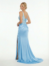 Elegant V-neck Lace Appliques A-line Satin Formal Gown with High Slit