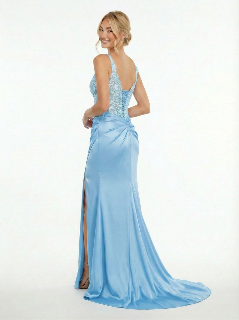 Elegant V-neck Lace Appliques A-line Satin Formal Gown with High Slit