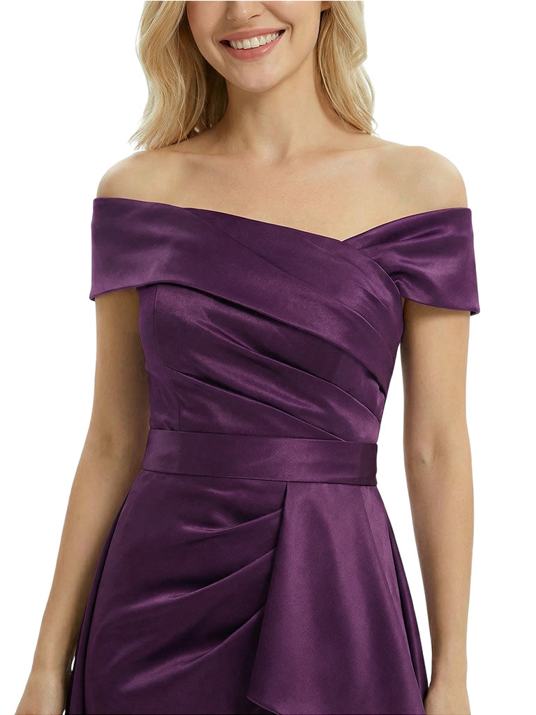 Chicsew Sexy Off Shoulder Side Slit Ruffles Mermaid Satin Mother of The Bride Dress With Train