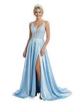 ChicSew Elegant Spaghetti Strap V-Neck Prom Dress Lace Applique High Slit A-Line Silhouette Floor Length Formal Evening Gown