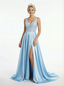 Elegant V-neck Lace Appliques A-line Satin Formal Gown with High Slit