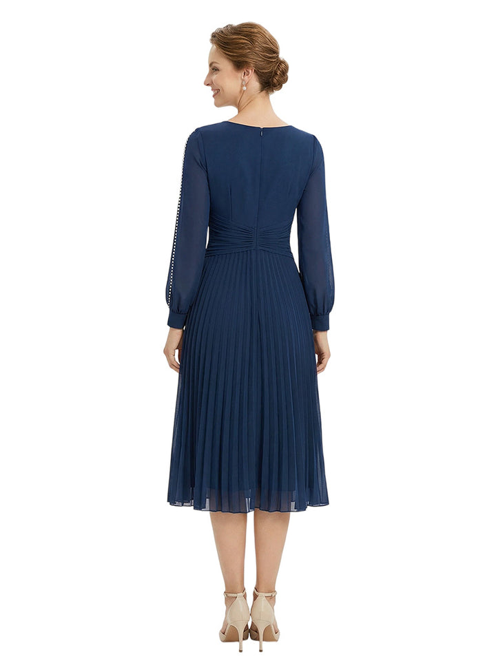 Chicsew Classy Pearls Beaded Long Sleeves A-Line Chiffon Mother of The Groom Dress