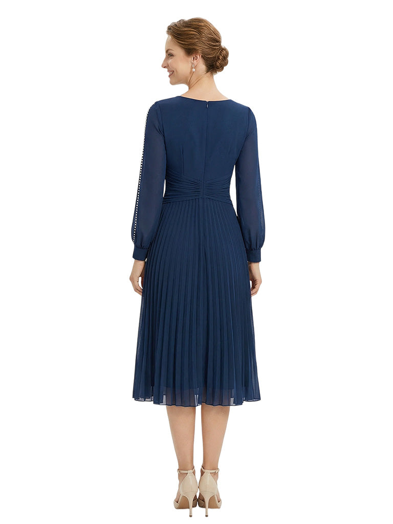 Chicsew Classy Pearls Beaded Long Sleeves A-Line Chiffon Mother of The Groom Dress