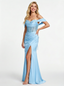 Pretty Off the Shoulder Lace Appliques Corset Satin Mermaid Prom Dress with High Slit