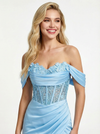 Pretty Off the Shoulder Lace Appliques Corset Satin Mermaid Prom Dress with High Slit