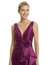 Chicsew Sexy V-neck Ruffles Side Slit A-Line Satin Mother of The Bride Dress With Floral Detail