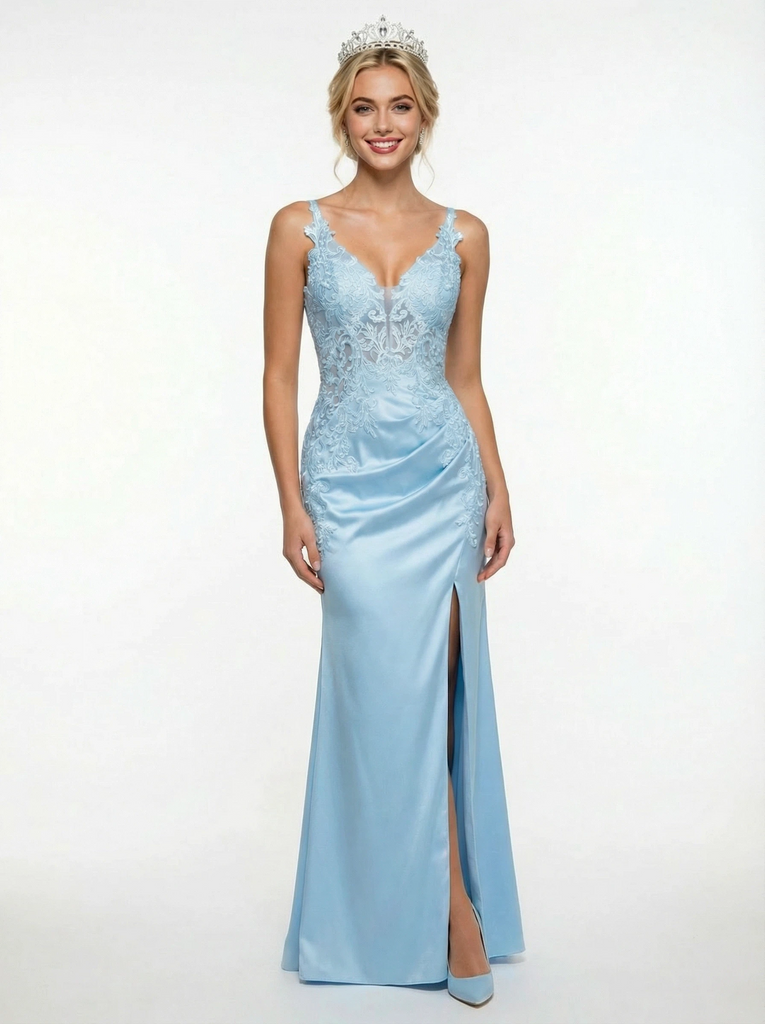 Elegant Lace Appliques V-neck atin Prom Gowns with Side Slit