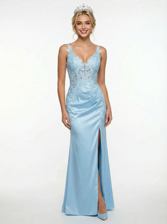 Elegant Lace Appliques V-neck Corset Satin Prom Gowns with Side Slit