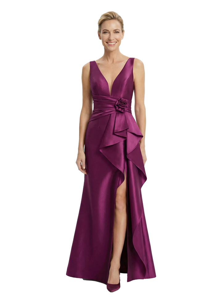 Chicsew Sexy V-neck Ruffles Side Slit A-Line Satin Mother of The Bride Dress With Floral Detail