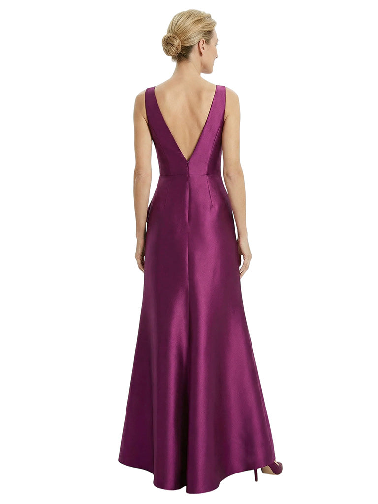 Chicsew Sexy V-neck Ruffles Side Slit A-Line Satin Mother of The Bride Dress With Floral Detail