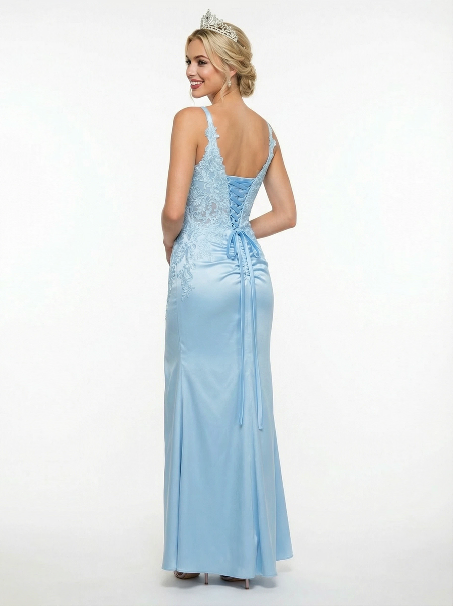 Elegant Lace Appliques V-neck Corset Satin Prom Gowns with Side Slit
