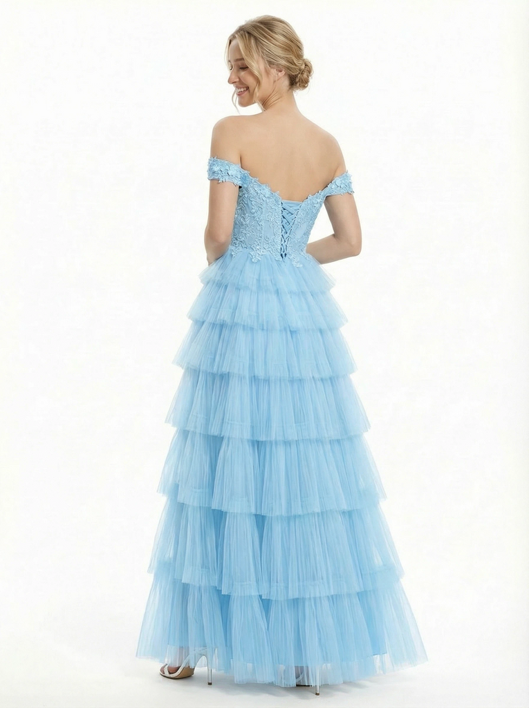 Romantic Off the Shoulder Tulle Ruffles A-line Prom Gowns