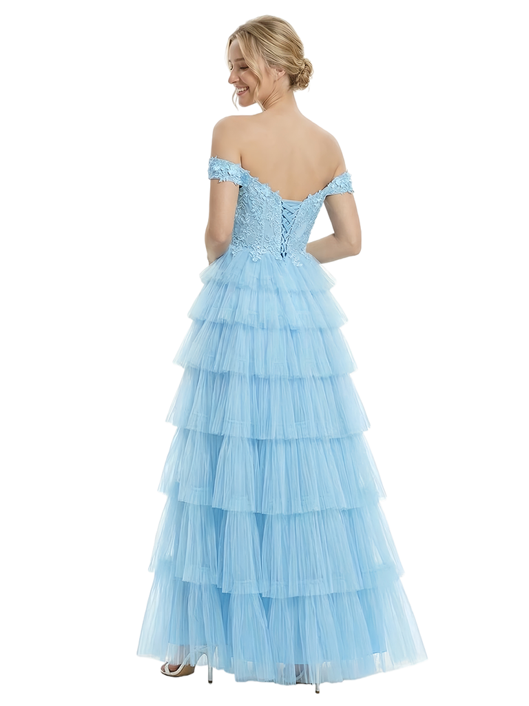 ChicSew Pretty Off The Shoulder Lace Corset Tiered Ruffle A-Line Long Formal Evening Gown