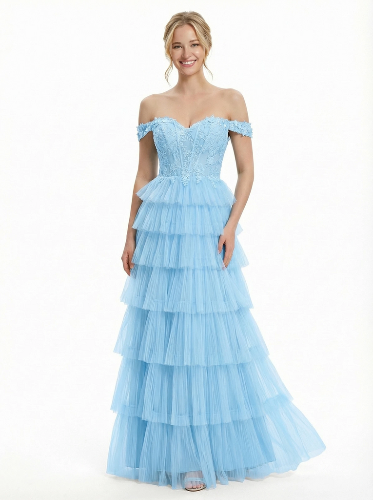 Romantic Off the Shoulder Tulle Ruffles A-line Prom Gowns
