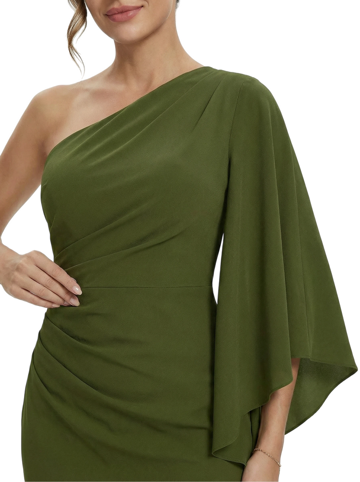 Chicsew Mother of The Bride Dress One Shoulder Draped Trumpet Maxi Gown Unique Flowy Sleeve Design