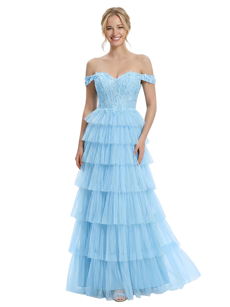 ChicSew Pretty Off The Shoulder Lace Corset Tiered Ruffle A-Line Long Formal Evening Gown