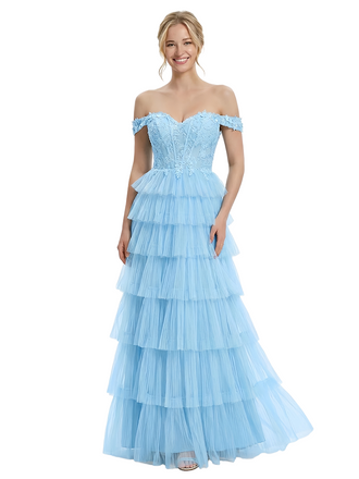 ChicSew Pretty Off The Shoulder Lace Corset Tiered Ruffle A-Line Long Formal Evening Gown