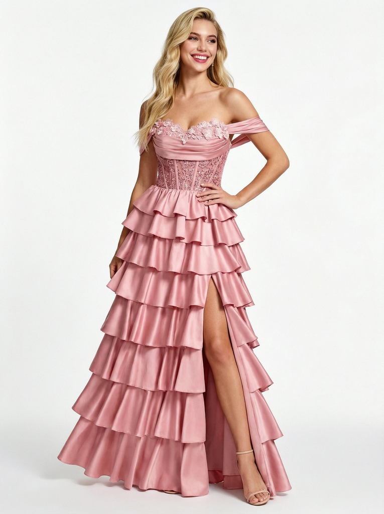 Classy Off the Shoulder Sweetheart Tiered Satin Prom Dresses with Slit