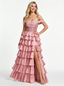 Classy Off the Shoulder Sweetheart Tiered Satin Prom Dresses with Slit