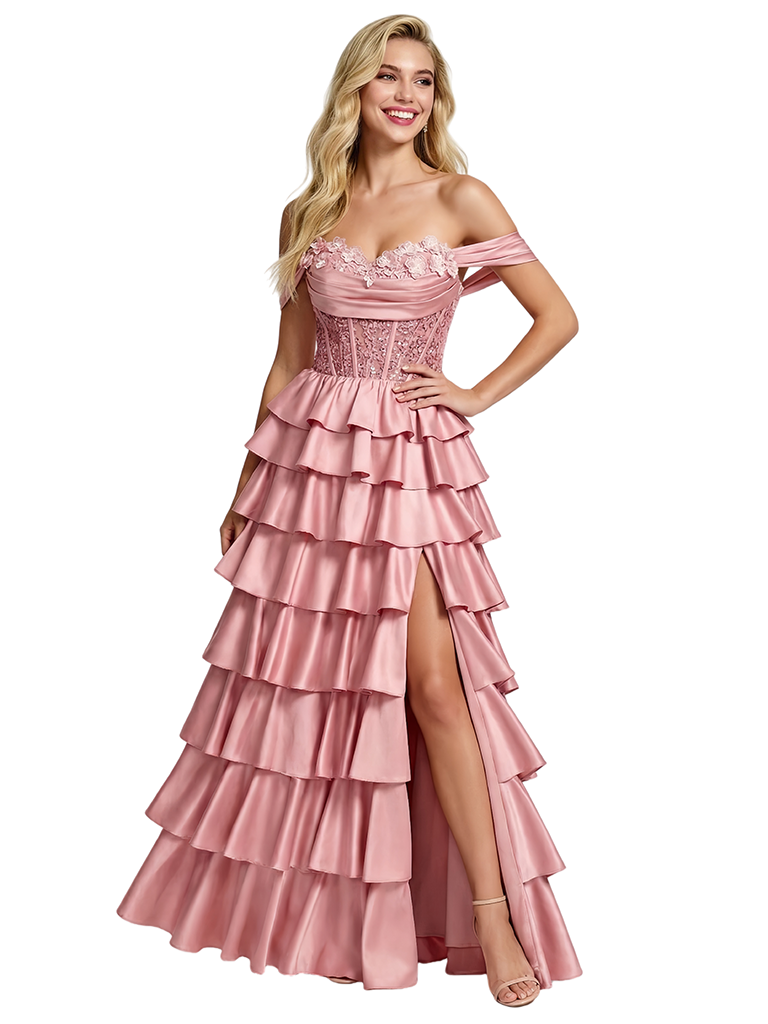 ChicSew Fancy Off Shoulder Lace Corset Bodice Tiered Ruffle High Slit A-Line Silhouette Floor Length Formal Evening Gown