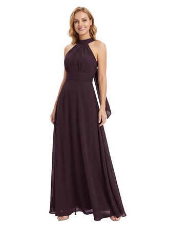 Chicsew Vintage Halter Sleeveless Ruched A-Line Chiffon Mother of The Bride Gown