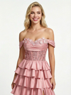 Classy Off the Shoulder Sweetheart Tiered Satin Prom Dresses with Slit