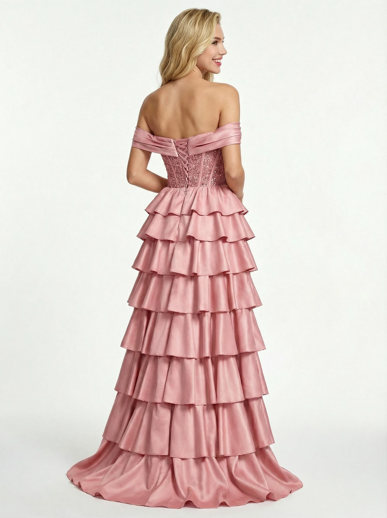 Classy Off the Shoulder Sweetheart Tiered Satin Prom Dresses with Slit