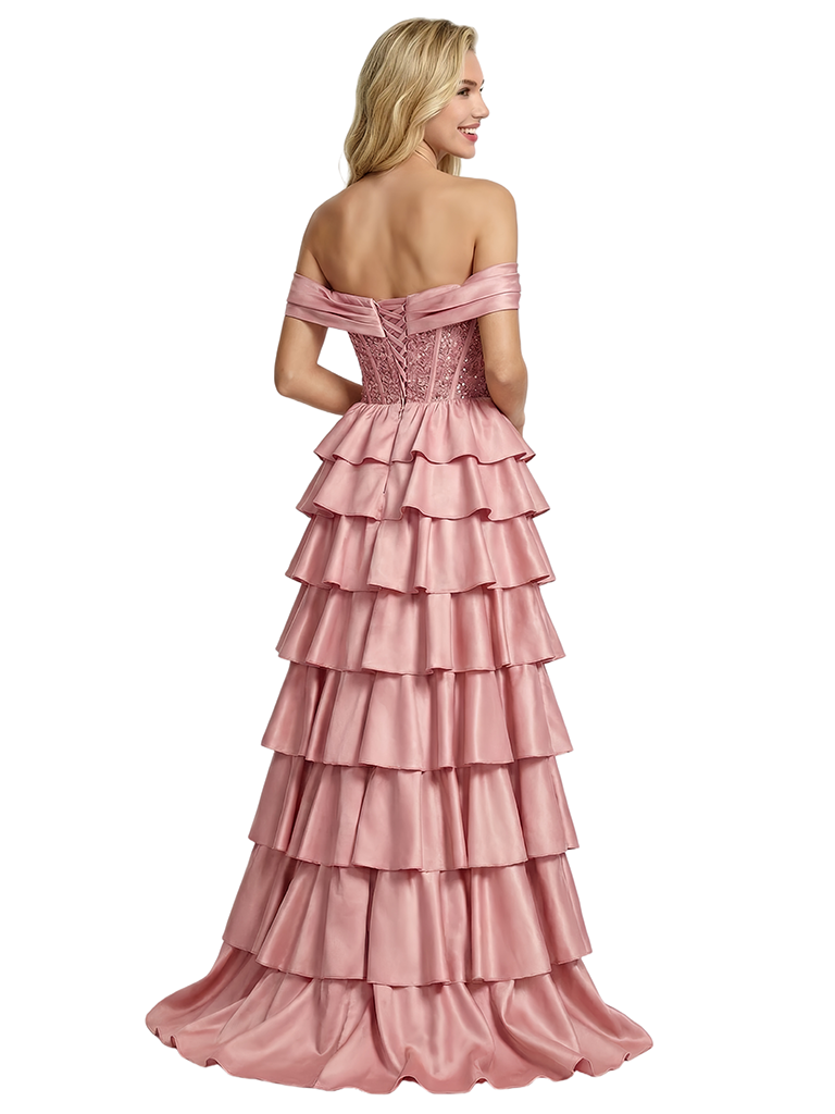 ChicSew Fancy Off Shoulder Lace Corset Bodice Tiered Ruffle High Slit A-Line Silhouette Floor Length Formal Evening Gown