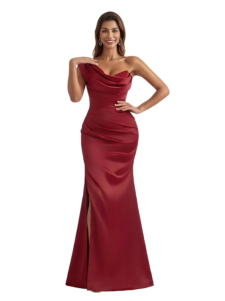 Sexy One Shoulder Side Slit Silky Satin Mermaid Maxi Formal Gowns For Wedding