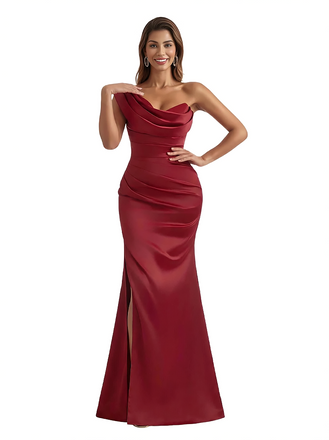 Sexy One Shoulder Side Slit Silky Satin Mermaid Maxi Formal Gowns For Wedding