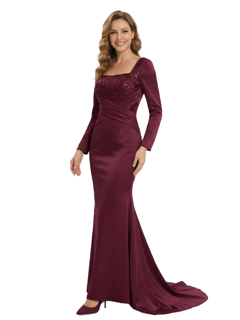Fancy Long Sleeves Square Mother Of The Bride Dress Mermaid Gown With Train