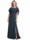 Elegant A-Line Bateau Short Sleeves Side Slit Chiffon Mother of The Bride Dresses
