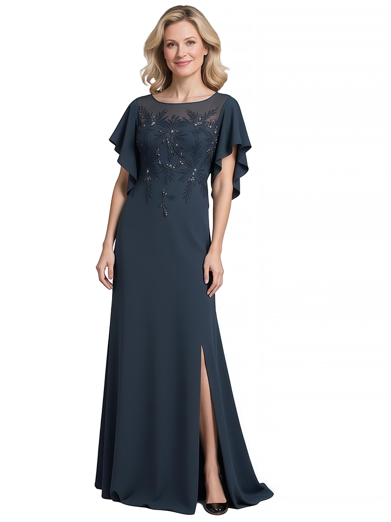Elegant A-Line Bateau Short Sleeves Side Slit Chiffon Mother of The Bride Dresses
