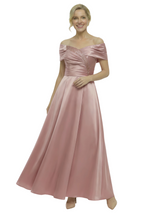 Elegant Off Shoulder Ruched Mother of The Groom Satin Gown With Sequin Detail