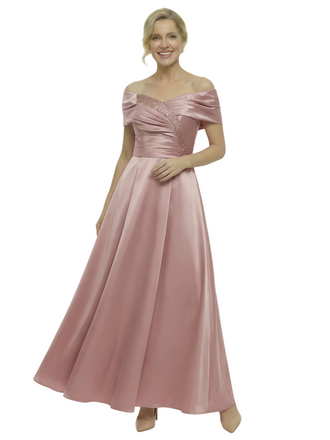 Elegant Off Shoulder Ruched Mother of The Groom Satin Gown With Sequin Detail